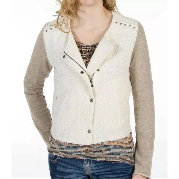 Miss Me Women Sz M Pieced Cropped Moto Jacket Full Zip Studded Lightweight Cream - Picture 1 of 10
